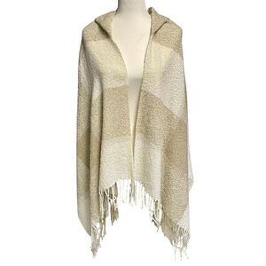 Ann Taylor LOFT Hooded Wrap Shawl One Size Check Fringe Poncho Cream Tan…